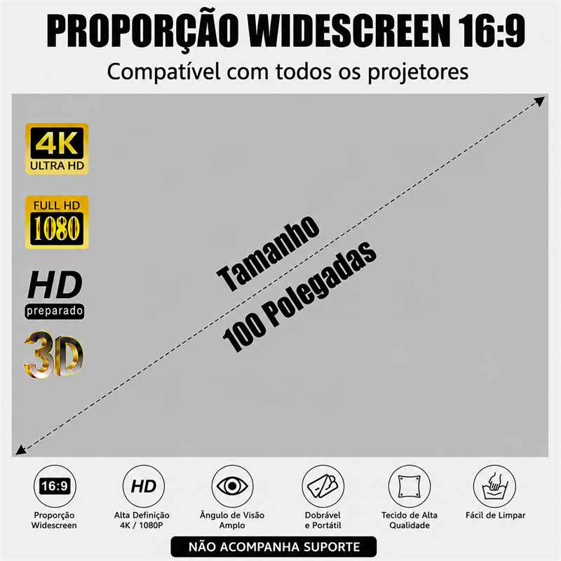 Tela Para Projetor Portátil 100 Polegadas Dobrável Refletiva 4K Full HD Antirreflexo