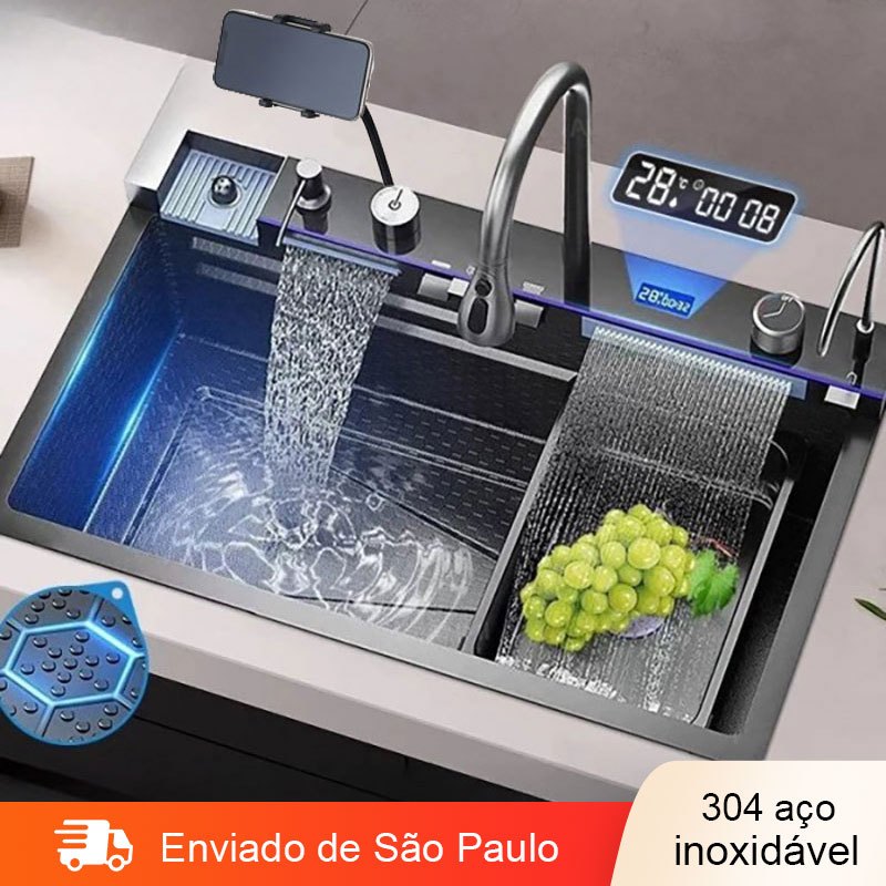 Kit Cuba Cozinha Gourmet 304 Inox Multifuncional Pia Com Acessórios Display LED Temperatura Cinza