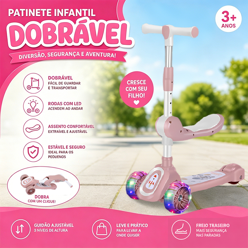 2-in-1 Kids Scooter 1-12 Years Old, Removable Folding Seat with Led and Music, Adjustable Height, Safe and Durable