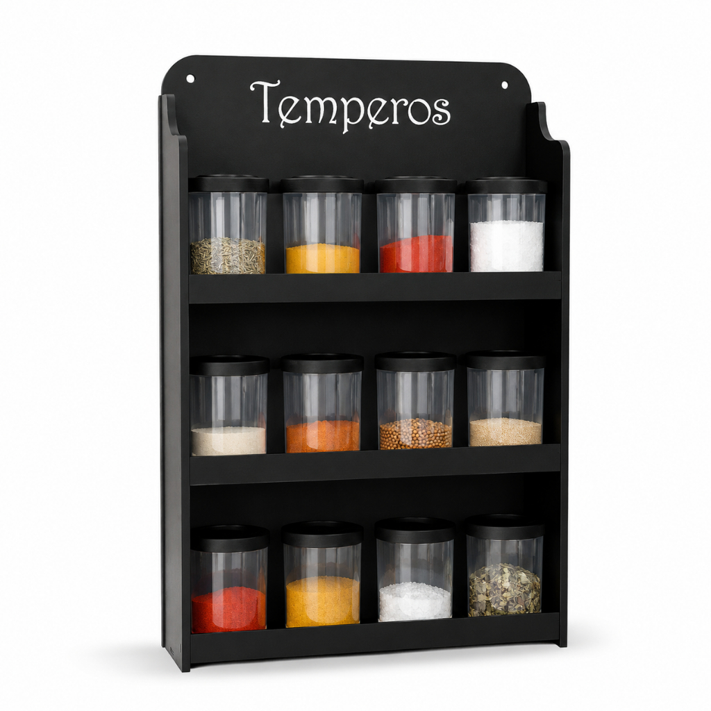 Suporte Porta Temperos Parede MDF Prateleira Organizador Cozinha 12 Divisórias Condimentos Potes Suspenso Preto Luxo