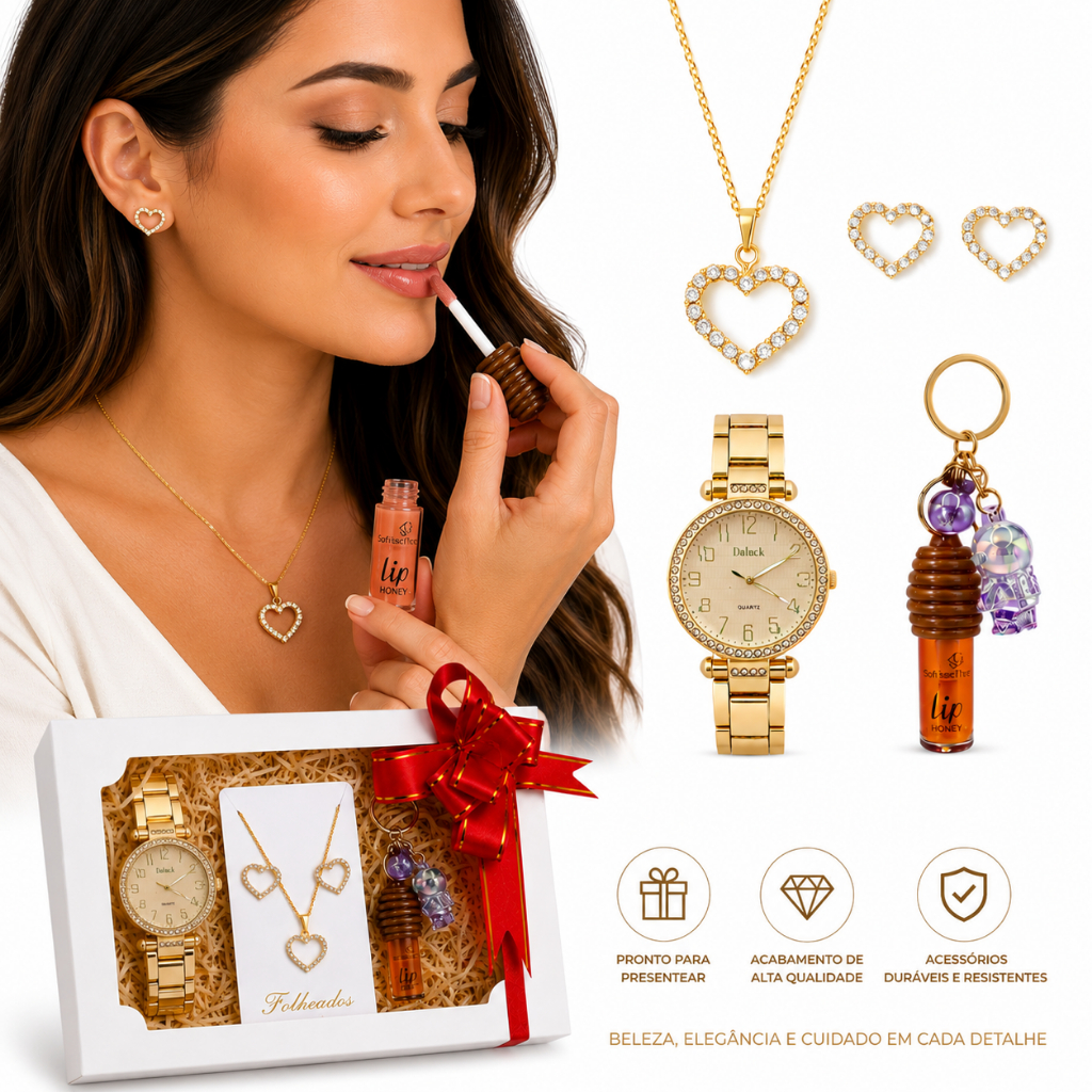 Kit  Relógio Feminino Strass + Conjunto Colar e Brincos Folheado + Lip Honey Mel -  Presente Feminino Luxo Namorada mãe