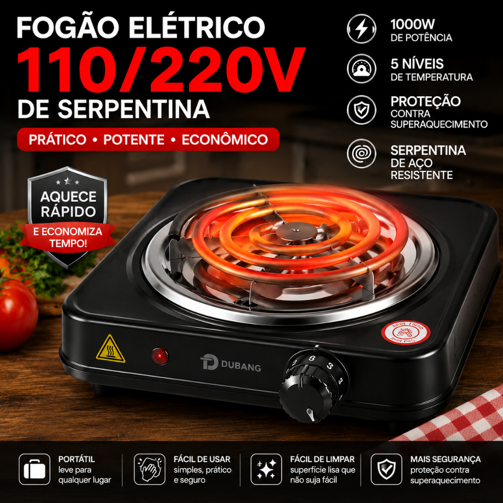 Fogareiro Elétrico Portátil 1 Boca 1000W 110v/220v Fogão Camping