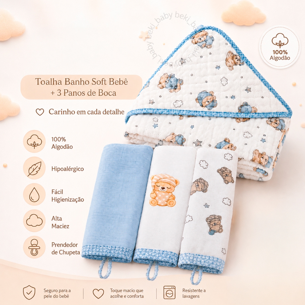 Toalha de Banho para Bebê com Capuz 3 Toalhinhas de Boca Fralda Forrado