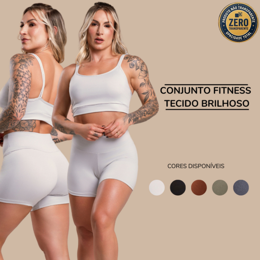 Conjunto Fitness Feminino Brilhoso Academia Top Alcinha e Short Liso Básico Cintura Alta Brilho ZERO TRANSPARÊNCIA