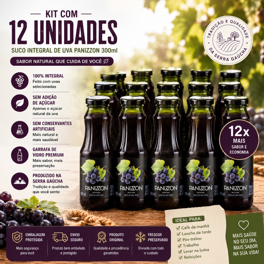 Suco De Uva Integral Panizzon 300 ml sem açucares e conservantes kit 12 unidades