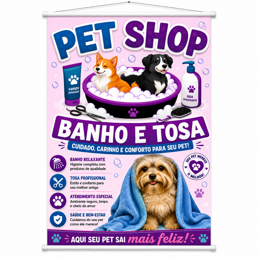 Banner Serviço de Pet Shop Banho e Tosa de Pet produzido em lona. Cartaz Propaganda Clinica Hospital Veterinário