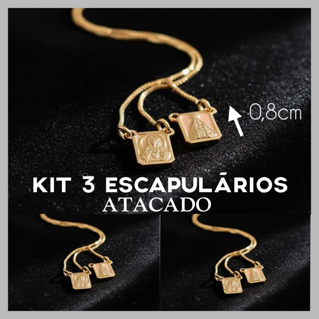 Kit 3 Escapulários NSA Sra Aparecida e Coração Sagrado Jesus Atacado