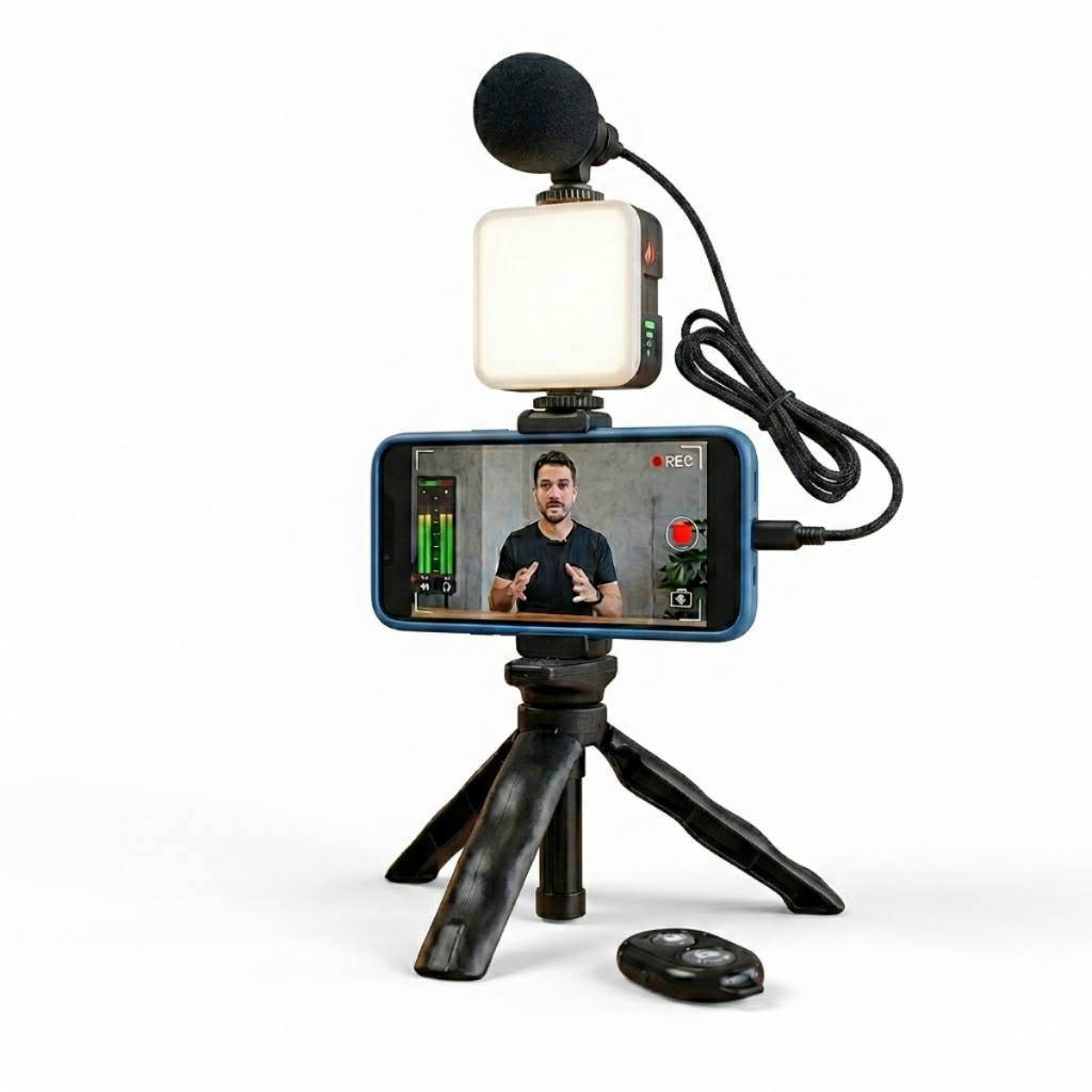 Kit Smartphone Tripe Mini giratório com Microfone e Luz Led  Gravacao Video Celular controle remoto