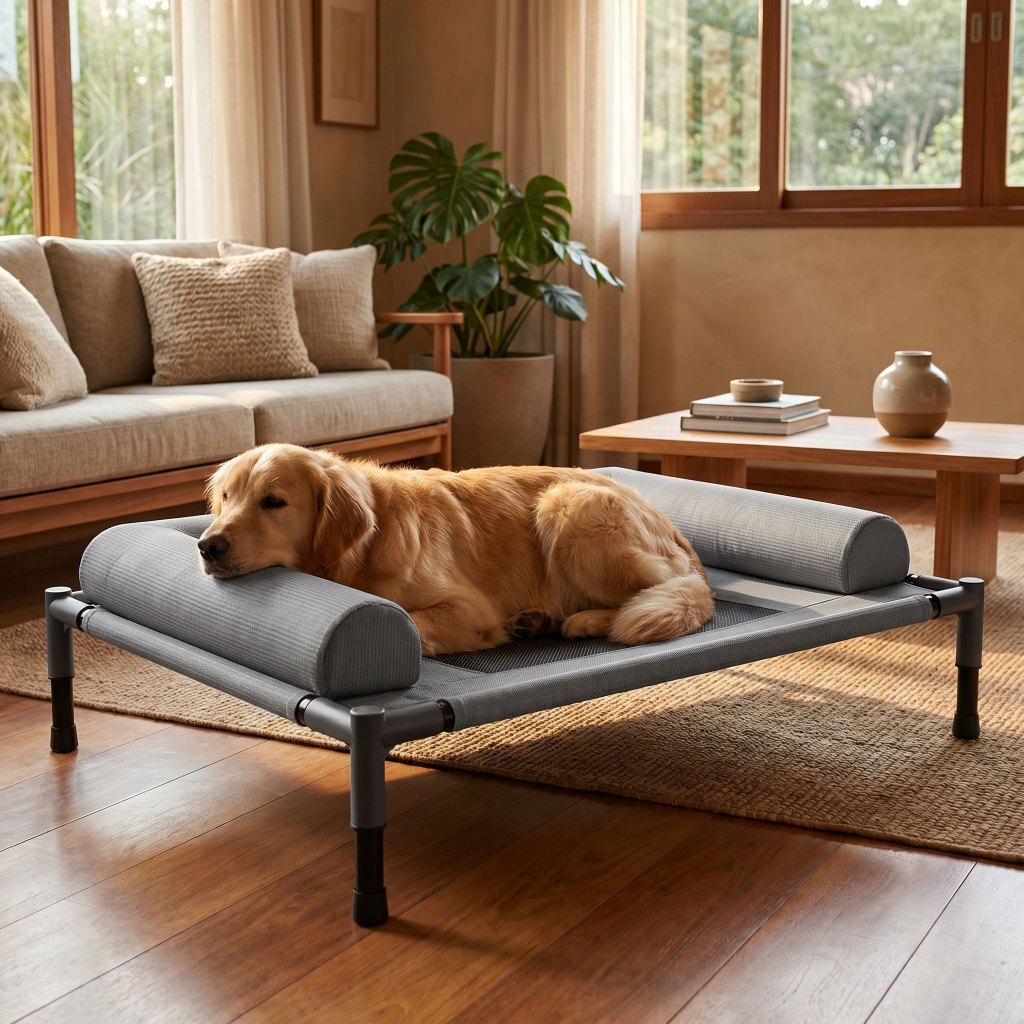Cama Elevada para Cães Médio/Grande com Encosto, Respirável, Aço Antiferrugem, Base Antiderrapante