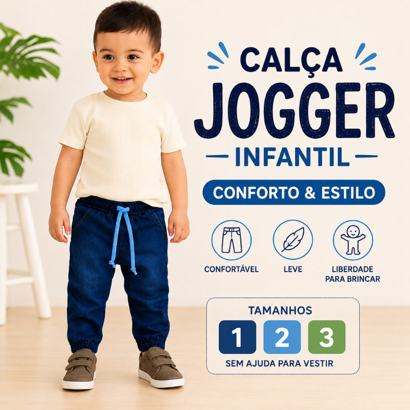 Calça Jogger Infantil Jeans Menino Cós Elástico Confortável Tam 1 2 3 |591| Lançamento
