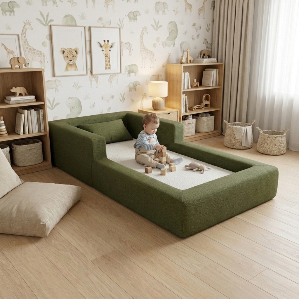 Cama Montessoriana Berço Aconchego 100% Espuma Verde Militar Keiko