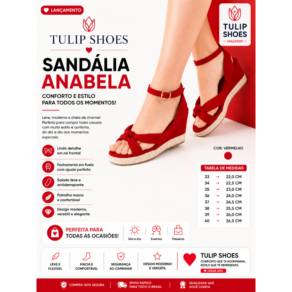 Sandália Anabela Plataforma Salto Grosso Nó Vermelho