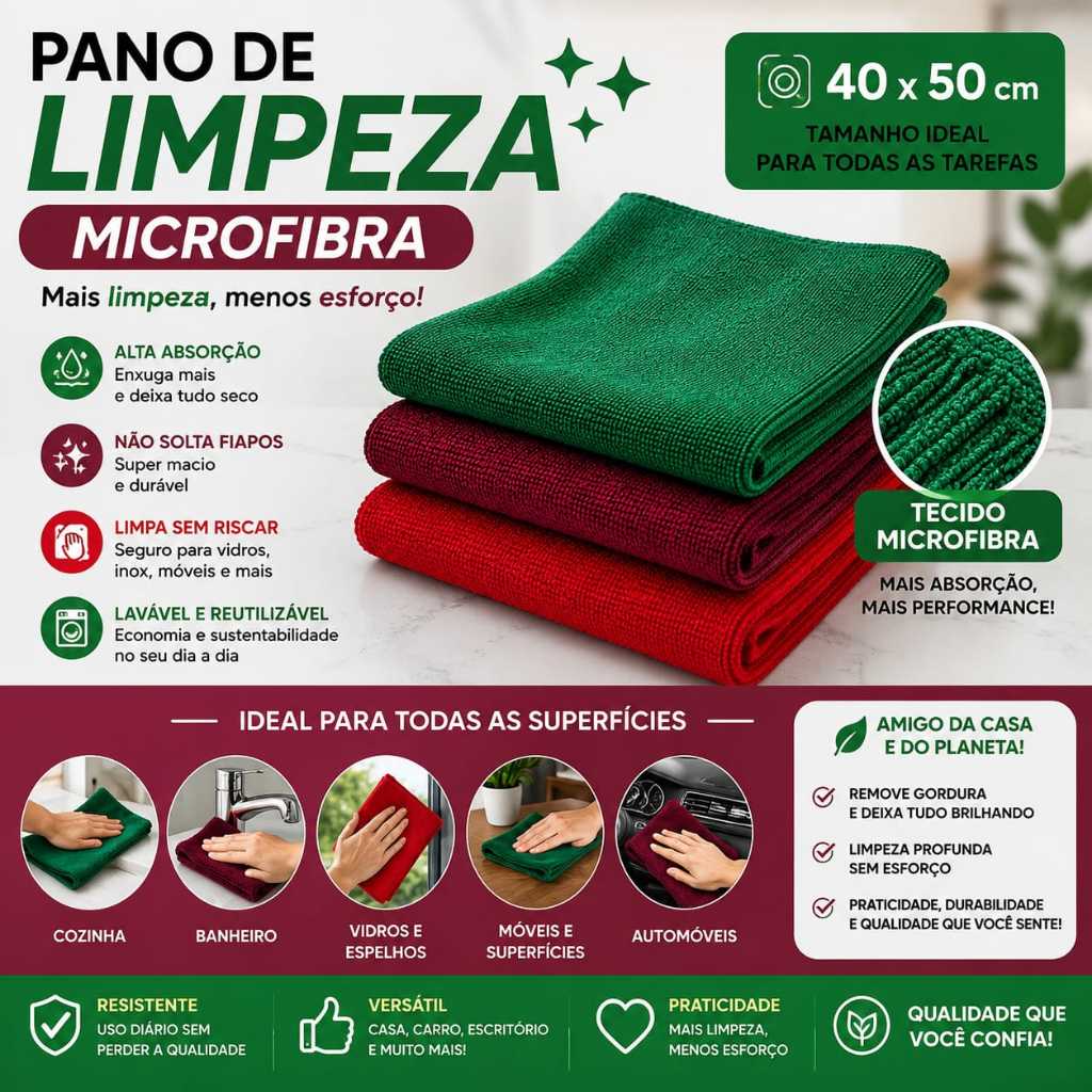 Kit 5 ou 10 Panos Microfibra Multiuso 40x50 Limpeza Pesada Vidro Carro Cozinha Banheiro