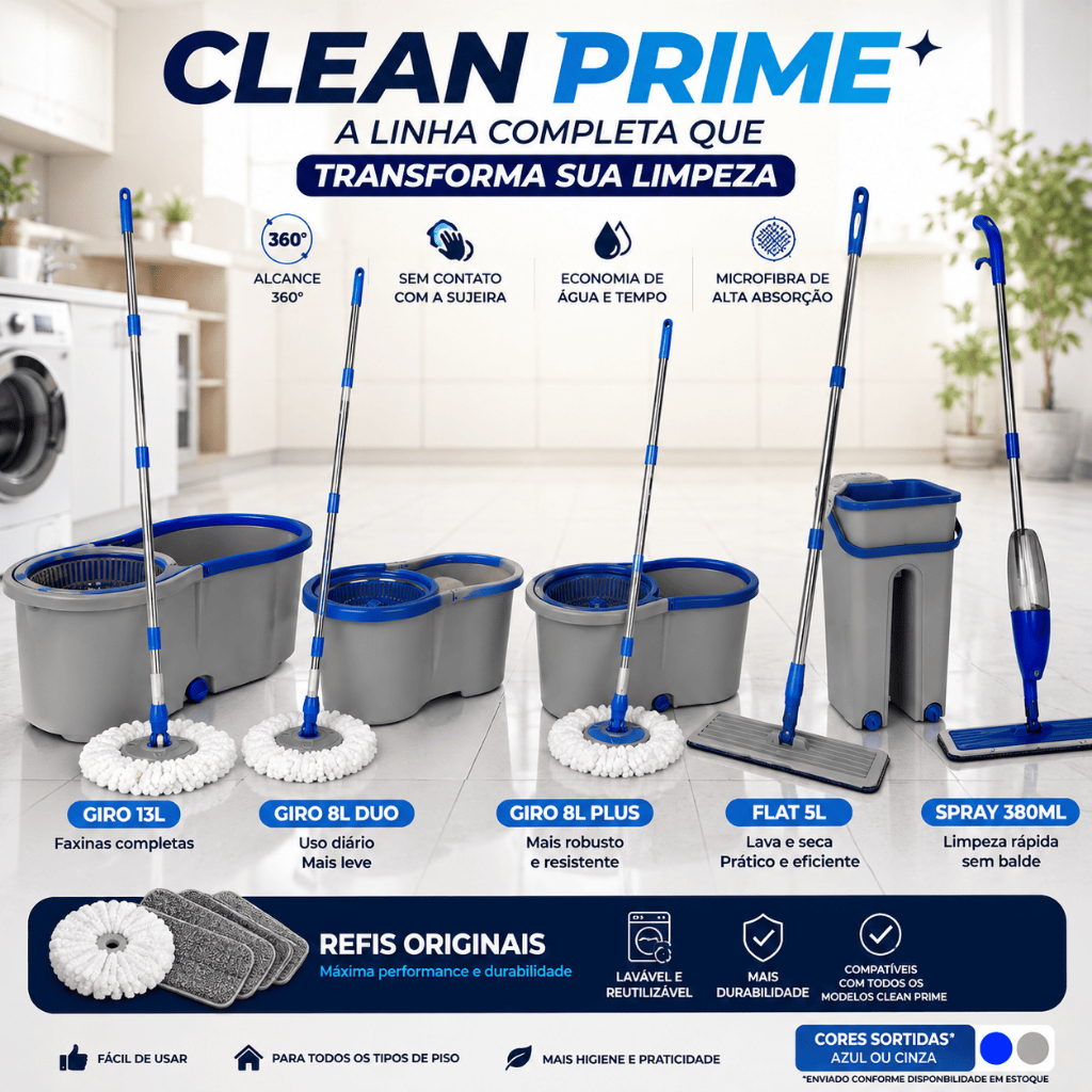 Esfregão Giratório Mop 360° Balde Inox Limpeza Flat Mop Spray Refil Microfibra Clean Prime 13L 8L 5L