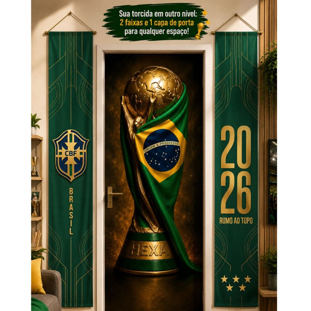 Kit Decorativo Brasil Futebol Capa De Porta E Faixa Suspensa Humo Ao Hexa