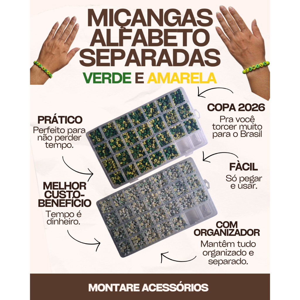 Kit Miçangas Letras do Alfabeto Separadas + Organizador Edição Copa do Mundo 1300/650 Missangas Artesanato Bijuterias