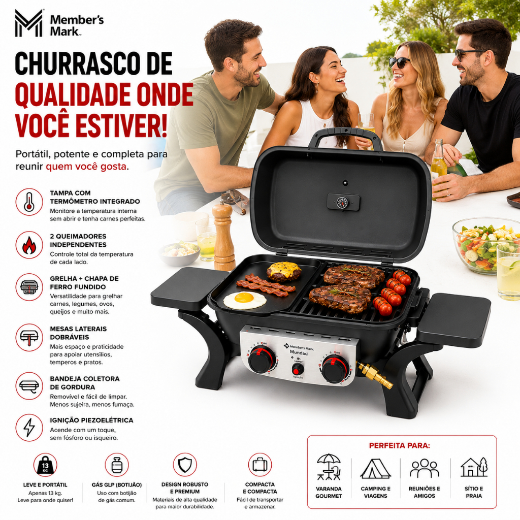CHURRASQUEIRA À GÁS MUNDAÚ 2 QUEIMADORES PORTATÍL GRILL TAMPA TERMÔMETRO BANDEJAS CHAPA PARRILHA