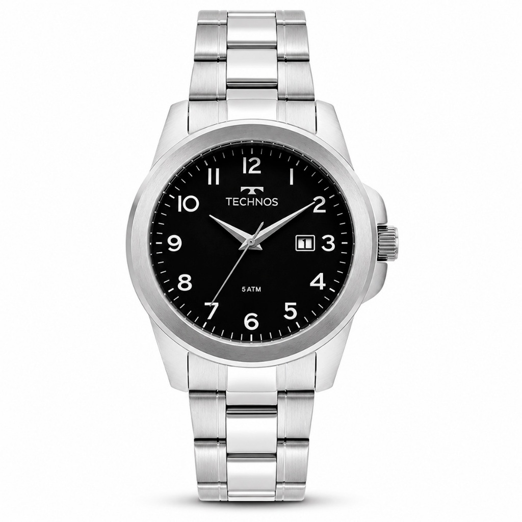 Relógio Technos Masculino Original Aço Inoxidável Prata Mostrador Preto Calendário Analógico 43mm 5ATM