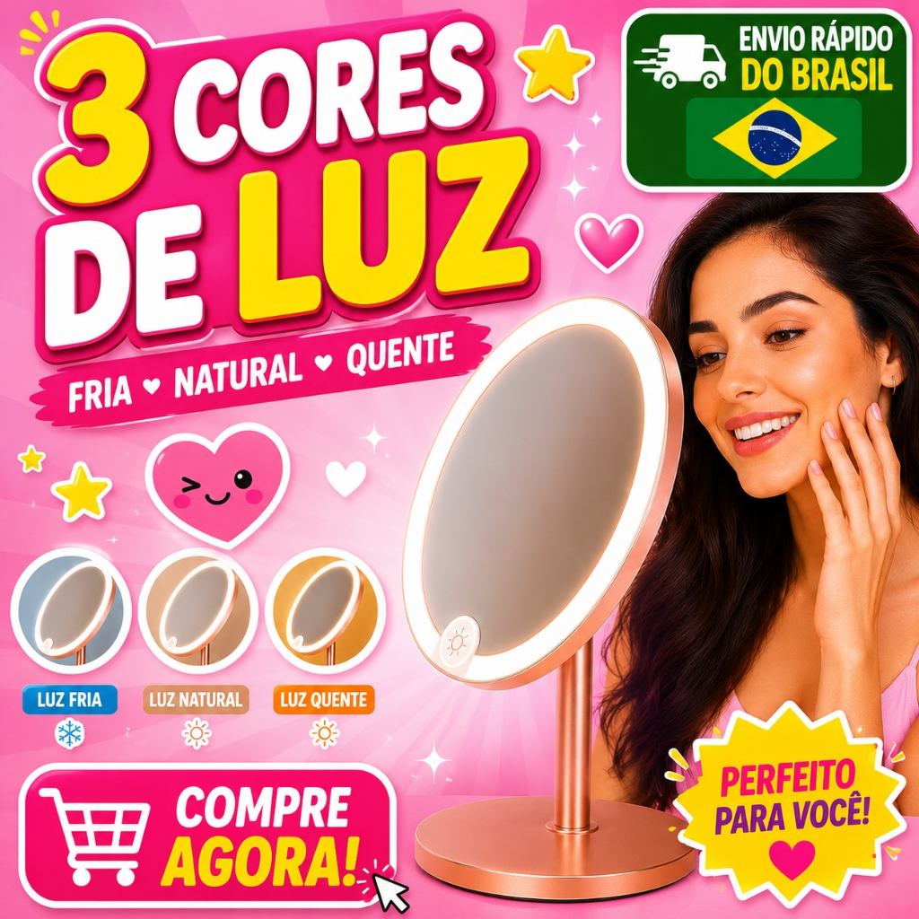 Espelho LED Maquiagem 8,5'' Touch USB Recarregável HD com 3 Modos de Luz