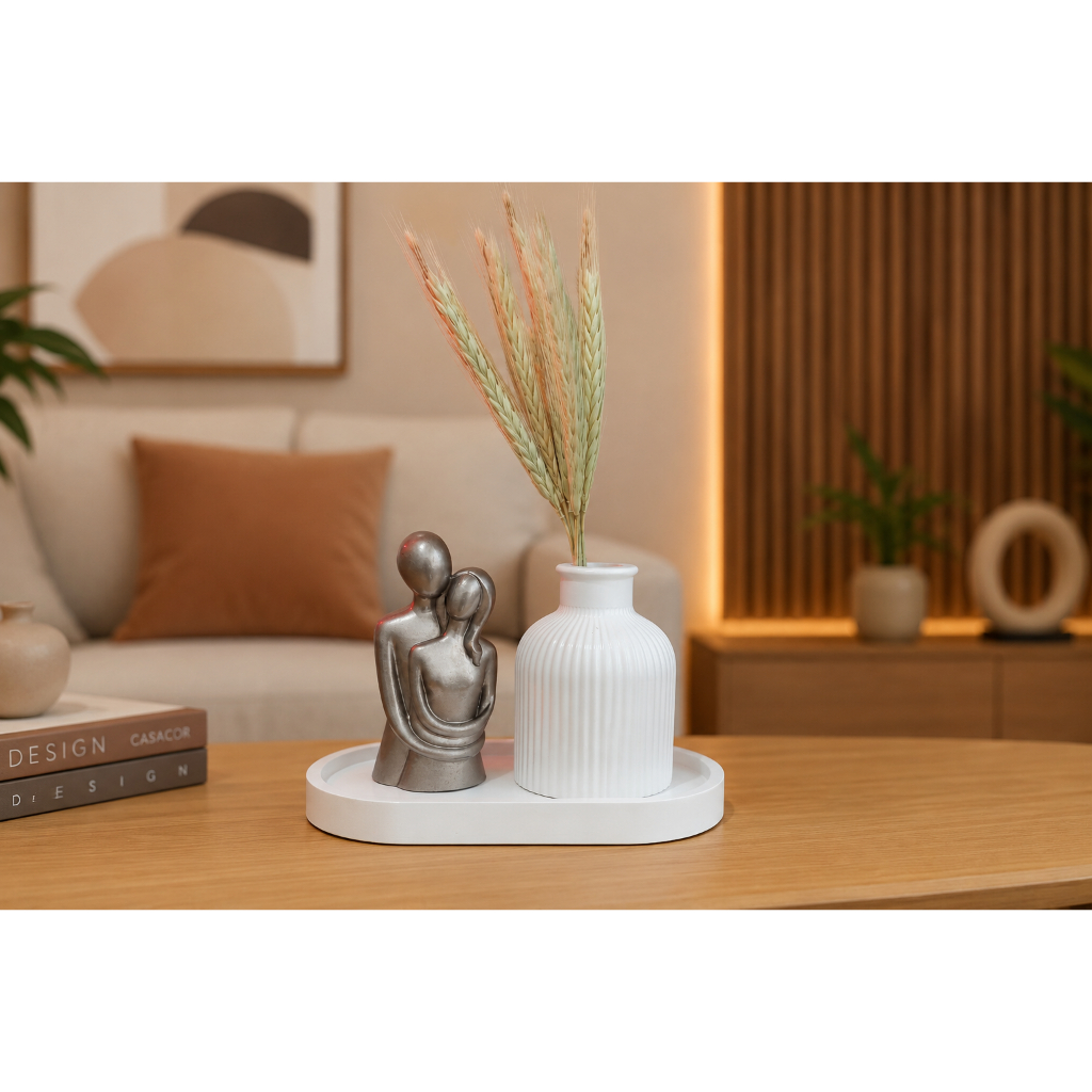 KIT DECORAÇÃO - 3 PEÇAS :CASAL ROSE GOLD,VASO,E BANDEIJA EM GESSO SEM FOLHAGEM. ARANJO DE MESA | SALA |