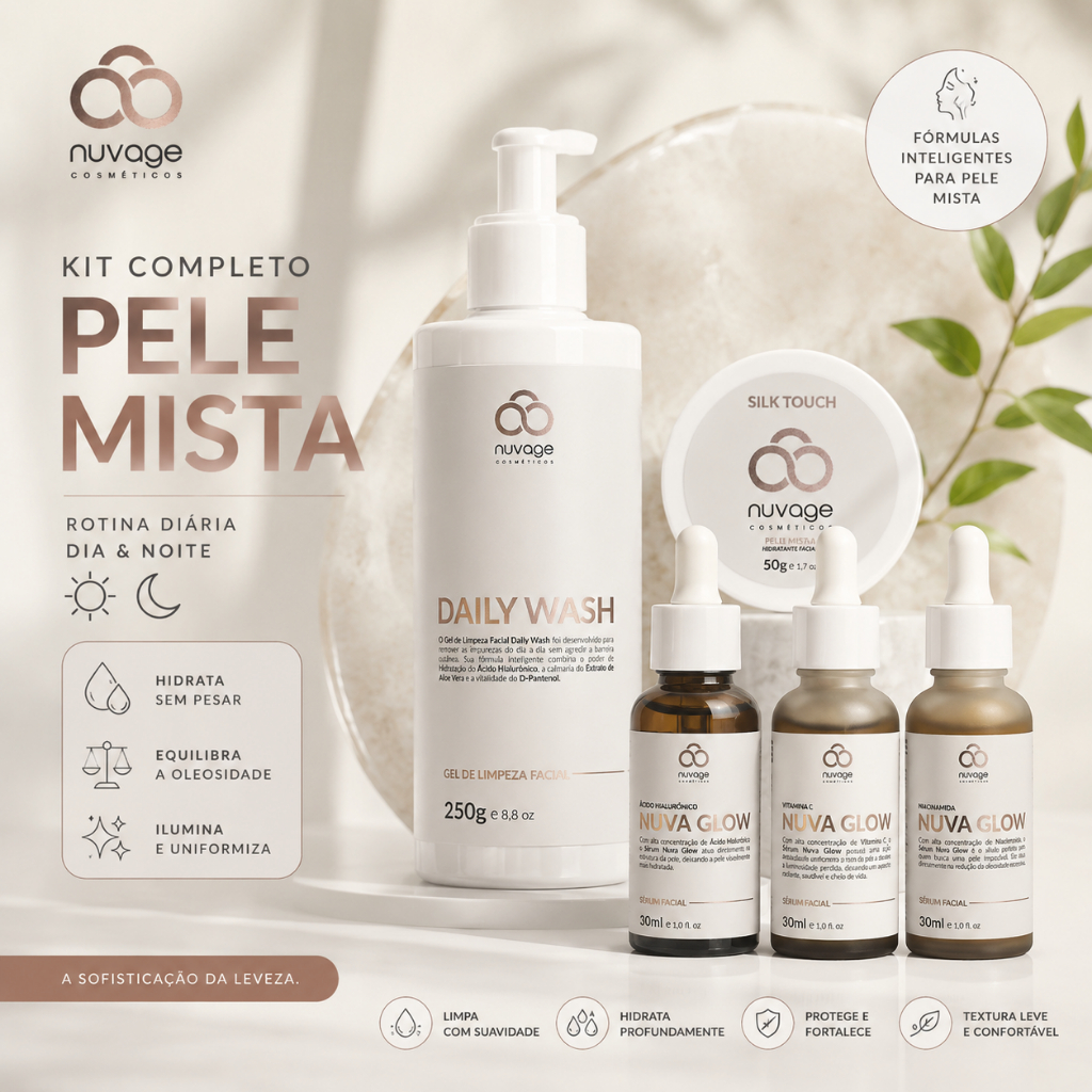 Kit Nuvage/Alumia Pele Mista Completo | Gel de Limpeza + Hidratante + Vitamina C + Niacinamida + Ácido Hialurônico