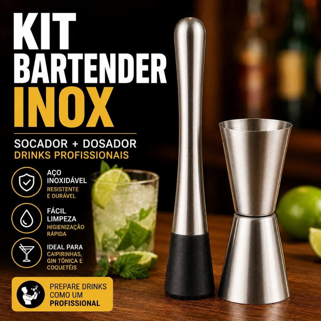 Kit Socador mais Dosador Inox  Profissional para Drinks e coquetéis