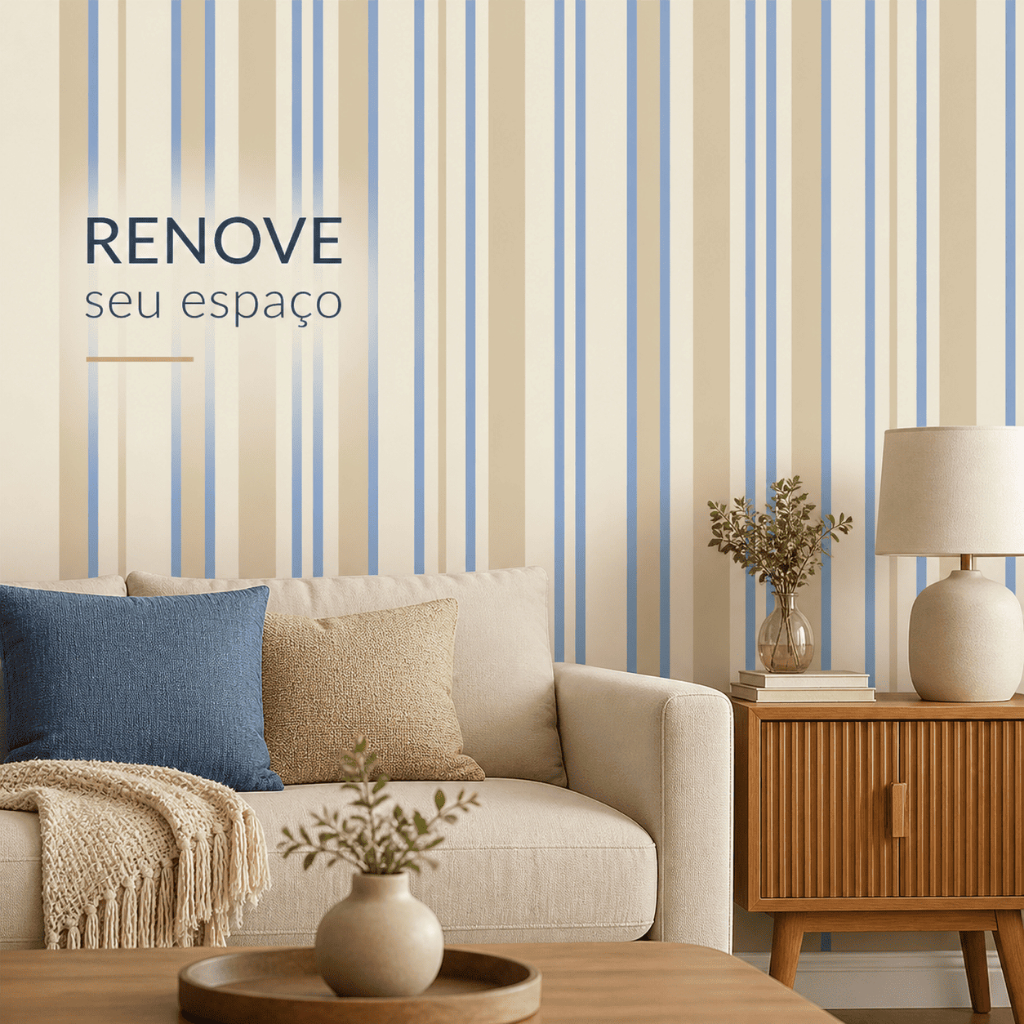 Papel de Parede Listrado Azul e Bege Adesivo Lavável Vinílico Sala Quarto Premium