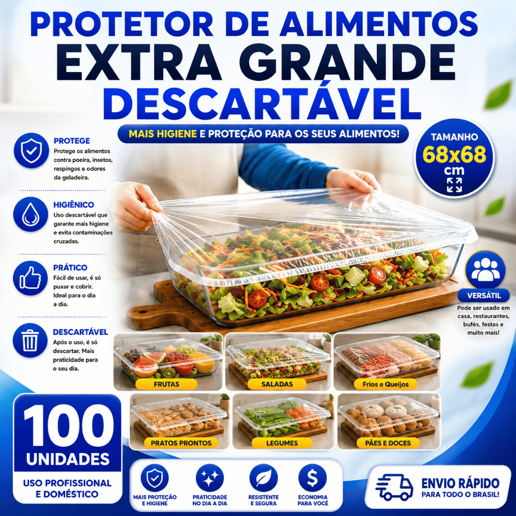 Protetor de Alimentos Extra Grande100UN 68x68cm Tampa Descartável Filme Plástico Restaurante Cozinha
