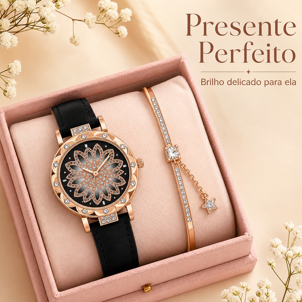KIT RELÓGIO DOURADO RESISTENTE À ÁGUA Relógio Feminino Diamond Elegance Luxo Quartzo Pulseira com Pedras Brilhantes