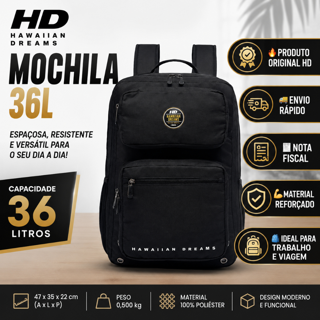 Mochila Casual HD 36L Reforçada Grande Viagem Faculdade Poliéster Resistente
