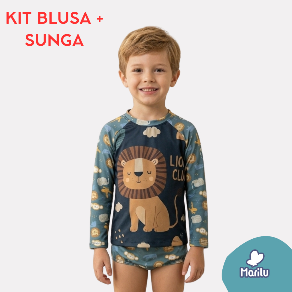 Conjunto de banho praia infantil masculino menino proteção uv piscina solar natação camisa e sunga estampado