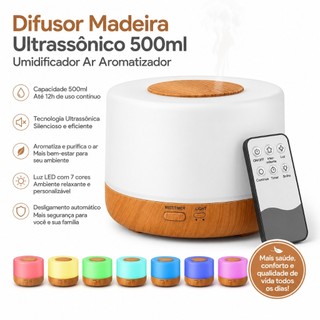 Difusor Madeira Ultrassonico 500ml Umidificador Ar Aromatizador De Aromas Com Led Oleo Es…