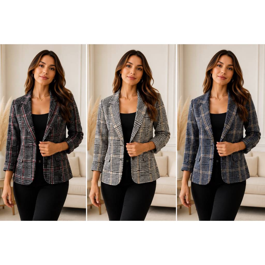 Blazer Feminino Quadriculado Casaquinho Blusa Frio Manga Longa