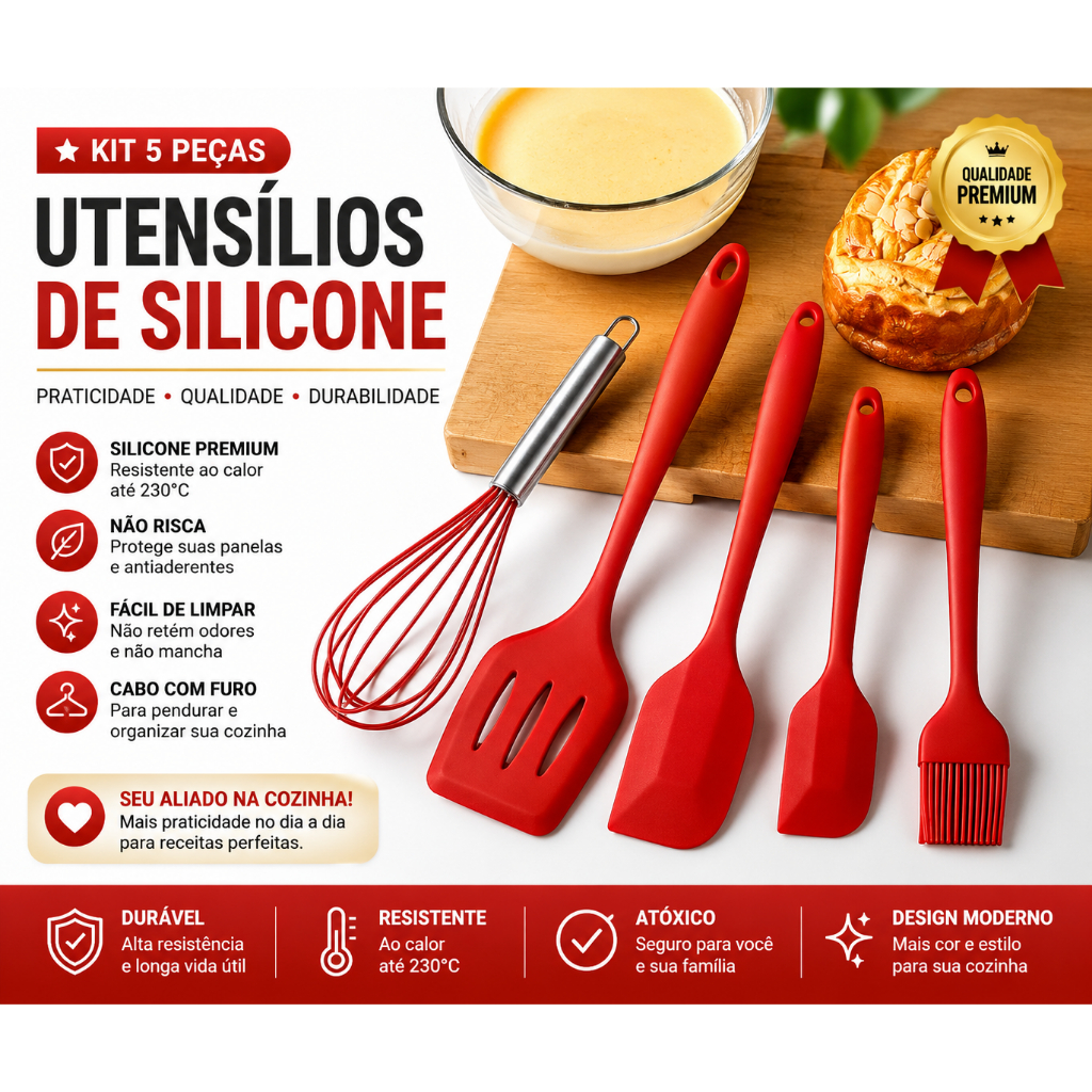 Kit 5 Utensílios de Cozinha Silicone Antiaderente Espátula Colher Pincel Resistentes