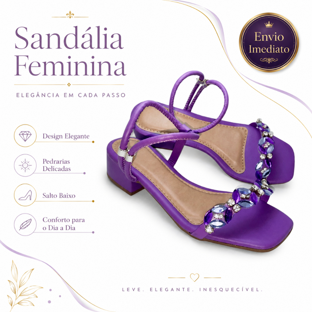 Sandalia Rasteirinha Feminina Salto Baixo Quadrado Com Pedraria Elegante Envio Imediato