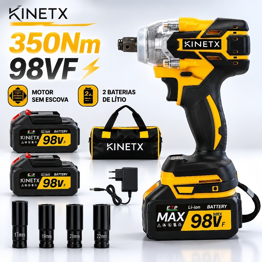 KINETX 350/880 NM 98VF 3in1 Chave De Impacto Elétrica 2 Baterias Portátil Brushless 1/2'' Parafusadeira Furadeira