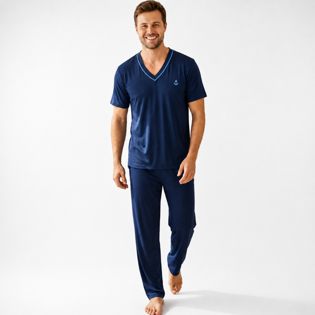 Pijama Masculino Manga Curta Calça Comprida Meia Estação Pijama de Homem Malha Confortável