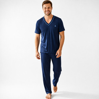 Pijama Masculino Adulto Meia Estação Pijama de Homem Malha Confortável Bordado Liso