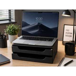 Organizador 2 Gavetas Preto Folha Sulfite A4 e Suporte Base Monitor Gaveteiro para Escritorio