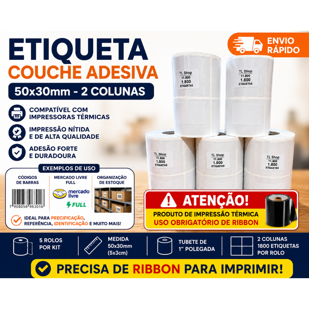 Etiqueta 50x30 2 Colunas Couche Adesiva L42 Zebra ZD220 Elgin OS214 Argox