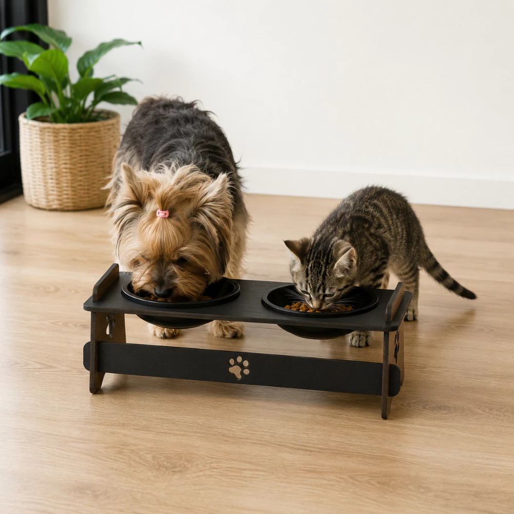Comedouro Pet Elevado Inclinável MDF Cães Gatos 2 Tigelas Potes com Tampa Ração Água Pronta Entrega