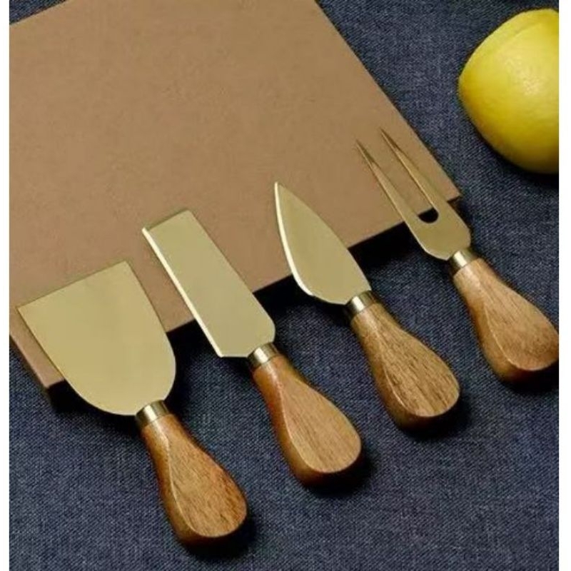 Conjunto Kit Facas para Queijo 4 Peças em AÇO INOX e Madeira  Garfo Faca Corta Espátula Frioss