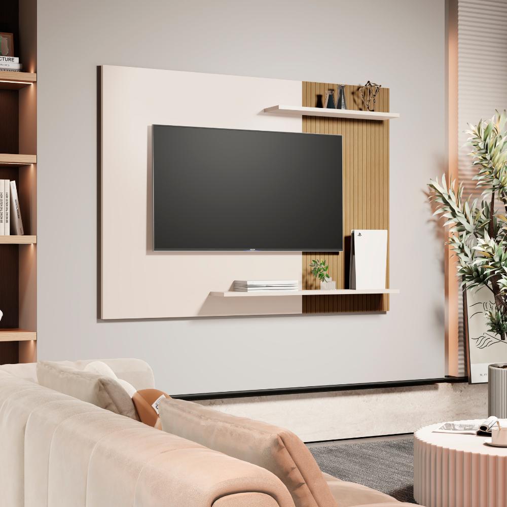 Painel de TV 50Pol Mênfis Suspenso Para Com Prateleiras Para Sala ou Quarto