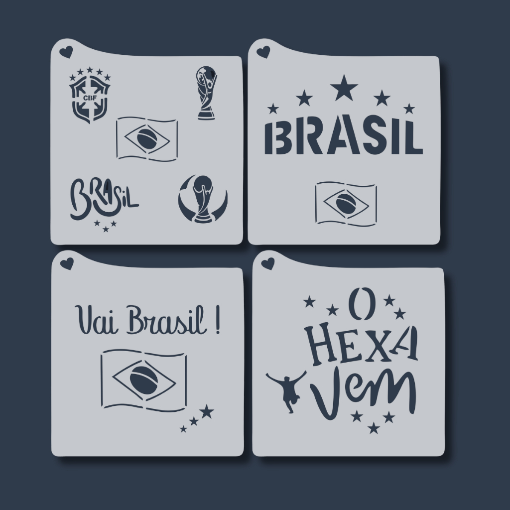 Kit 4 Stencil Moldes Brasil Futebol Copa do Mundo Jogador para Pintura Infantil Tecidos Artesanato