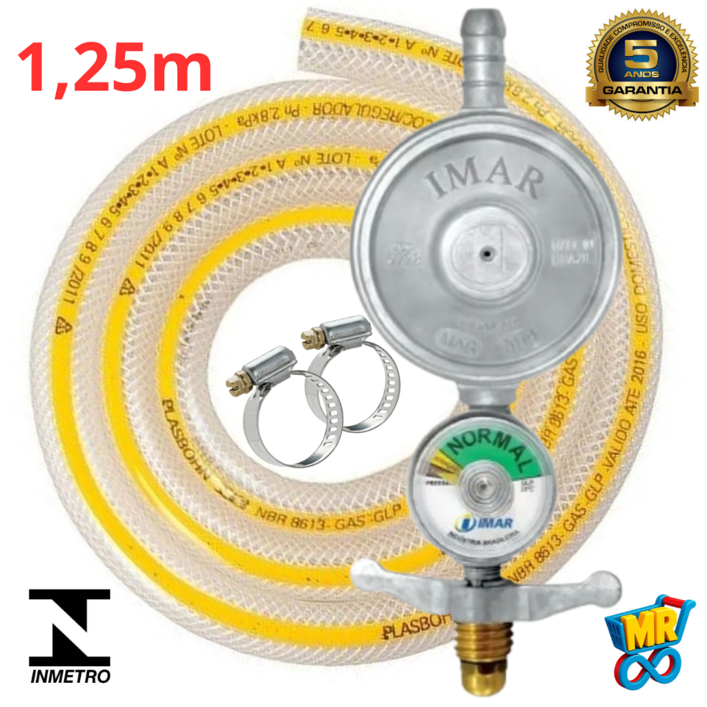 Kit Registro Regulador Gás de Cozinha com Manometro para Botijão 13kg Com Mangueira 1,25m e 2 Abraçadeiras