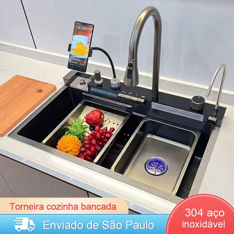 Cuba Gourmet Cozinha Inox Com Led Moderna Pia Pia Acessórios Torneira Cascata Painel Temperatura