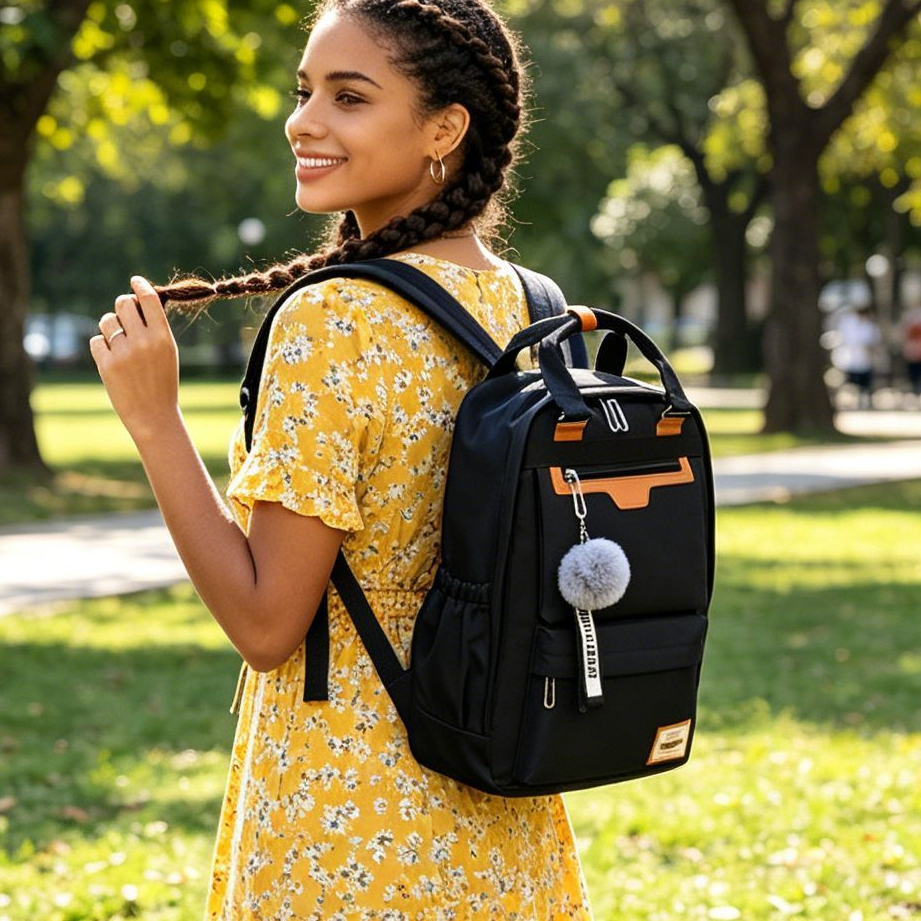 Mochila bolsa casual feminina de ombro ampla com vários bolsos, para universidade, escola e viagem diária