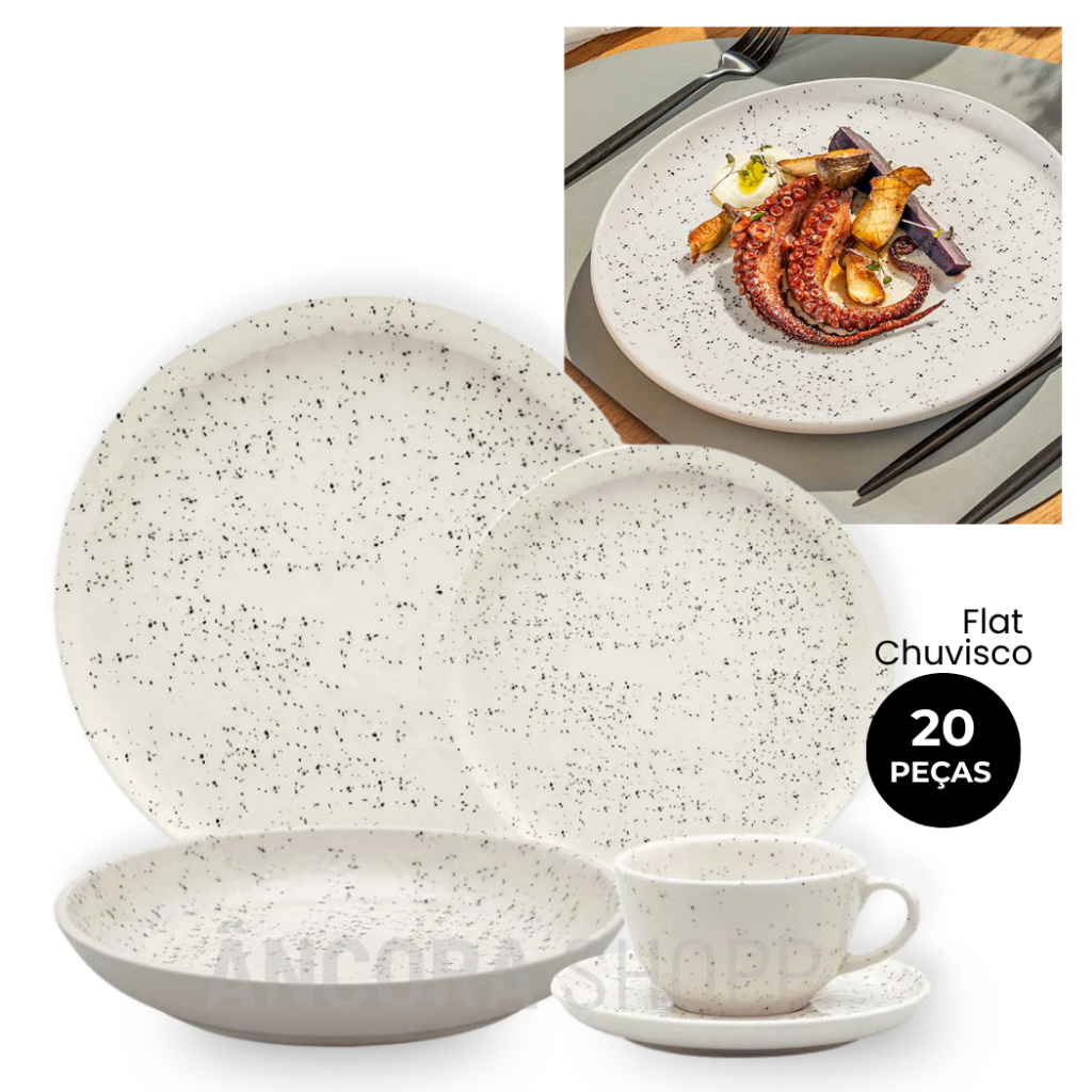 Aparelho Jogo de Jantar 20 Peças Flat Chuvisco Oxford Com Xicara Prato Raso Fundo Sobremesa Cerâmica