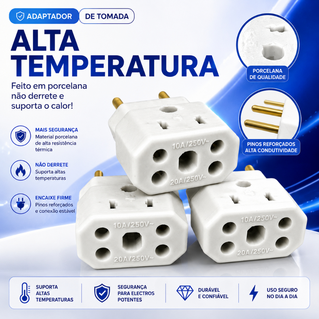 Tomada Adaptadora BOB Porcelana Reforçada – (Não Derrete) ideal para instalações elétricas com alta temperatura