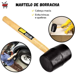 Martelo De Borracha Preta 230g Cabo De Madeira Para Piso E Assentamento